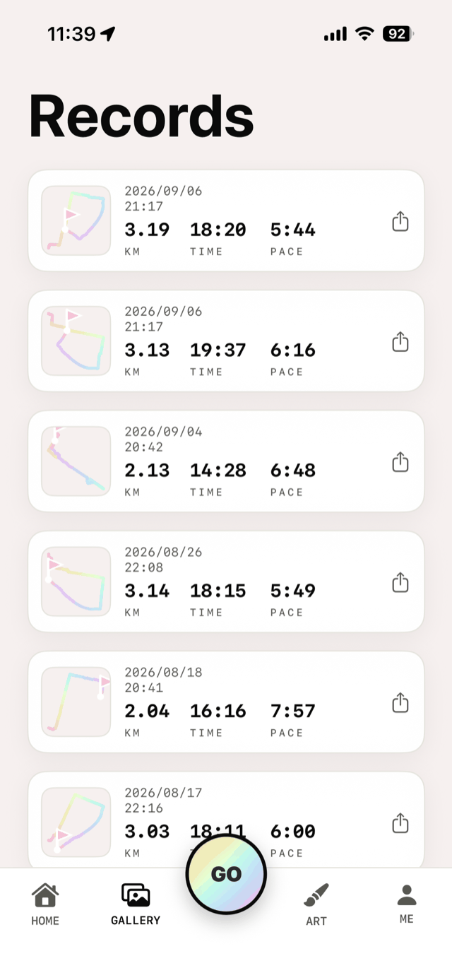 Run records gallery with route art thumbnails