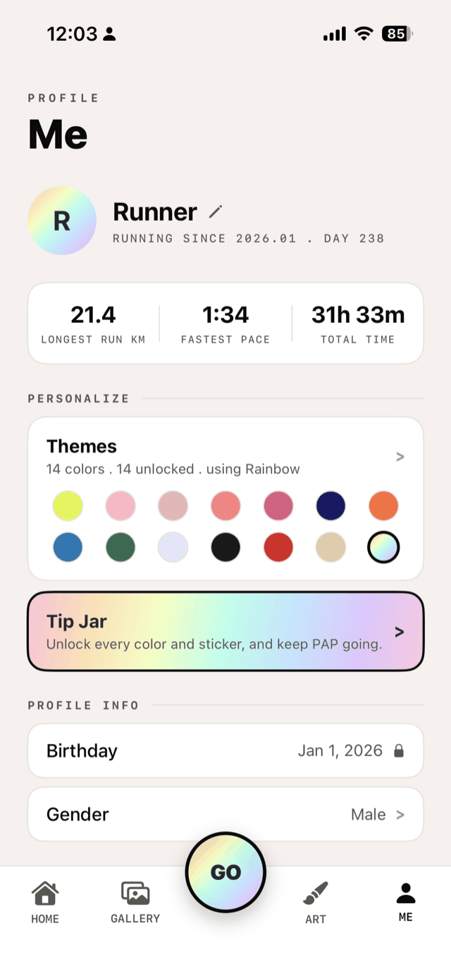 14 color themes for run tracking